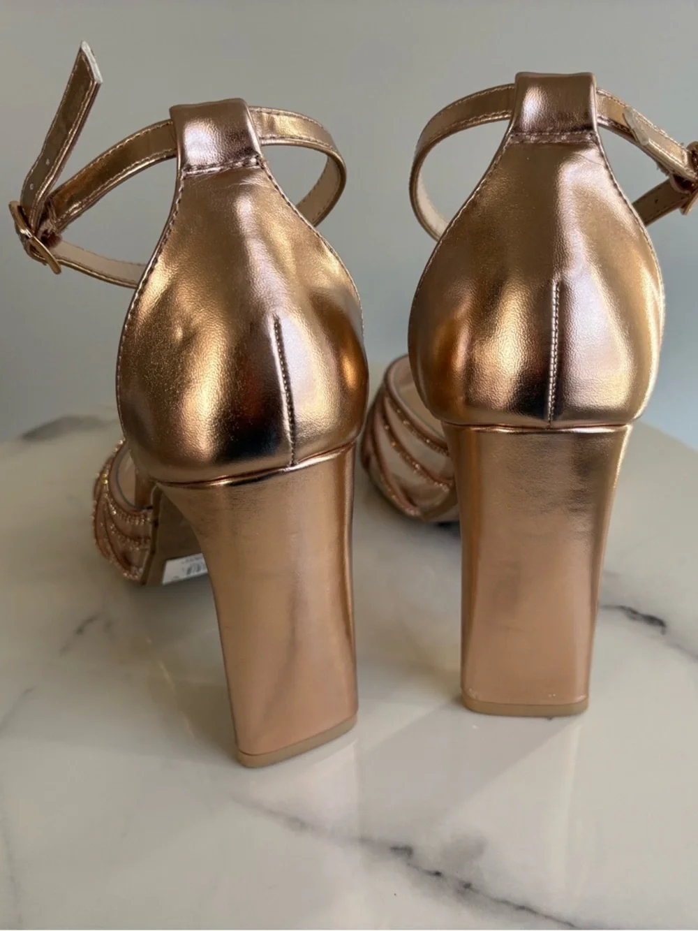 Windsor Rose Gold Rhinestone Metallic Knotted Strap Heels Size 6.5 - Picture 4 of 7